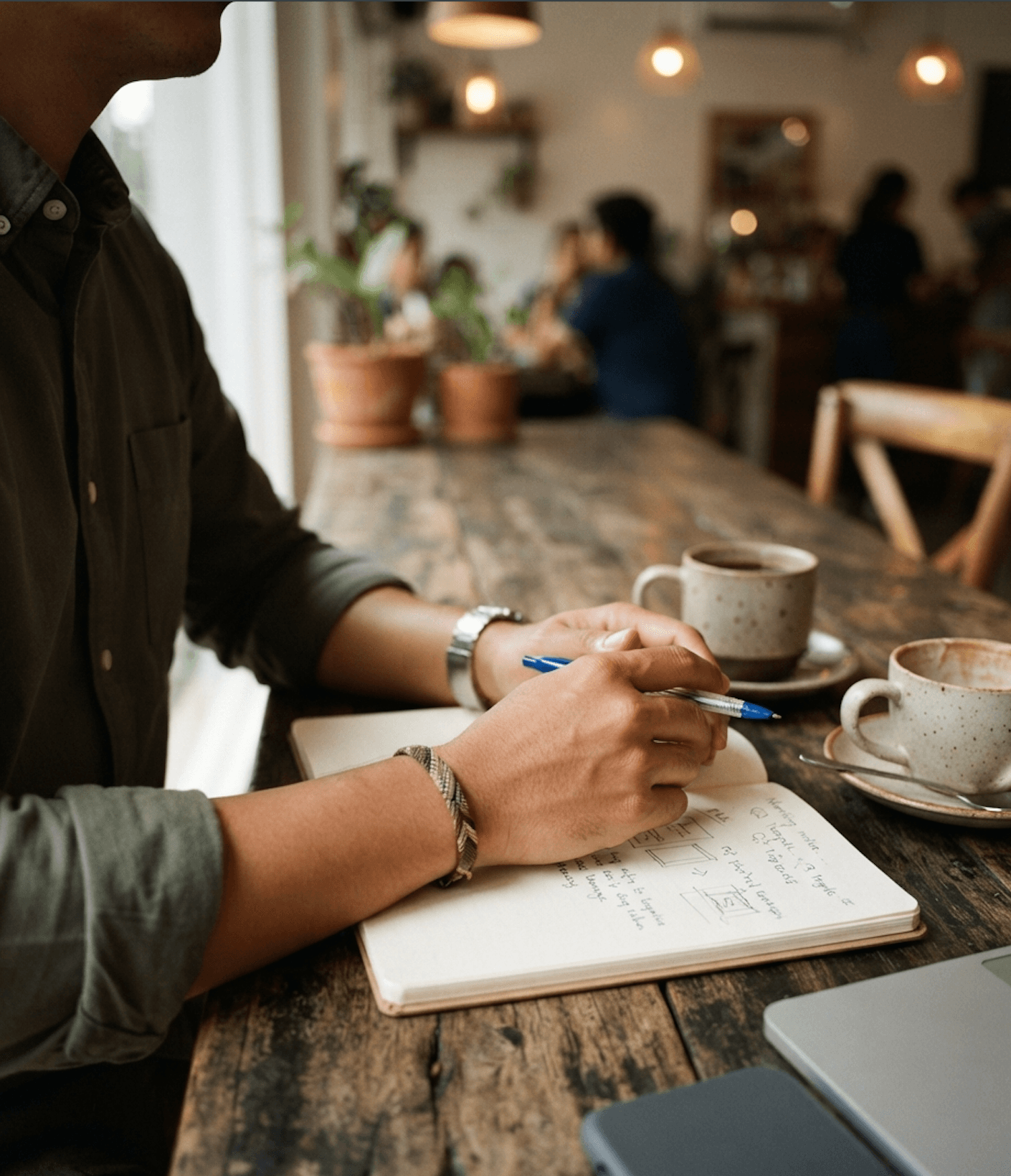 Someone taking notes in a notebook beside two ceramic coffee cups on a wooden table, other people talking in the background