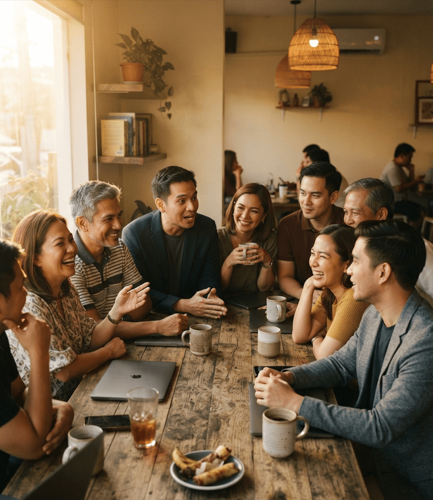 People from different lines of work seated around a long table, mid-conversation in warm evening light